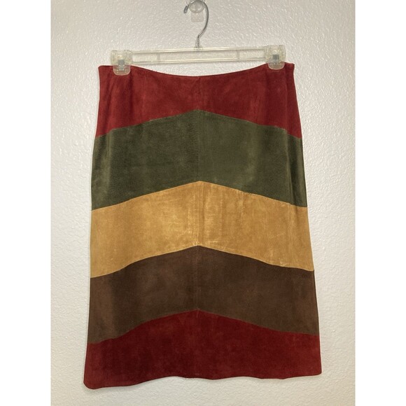 LORD & TAYLOR Dresses & Skirts - Lord & Taylor Petites Suede Leather Skirt Size 12P Fall Color Block Vintage